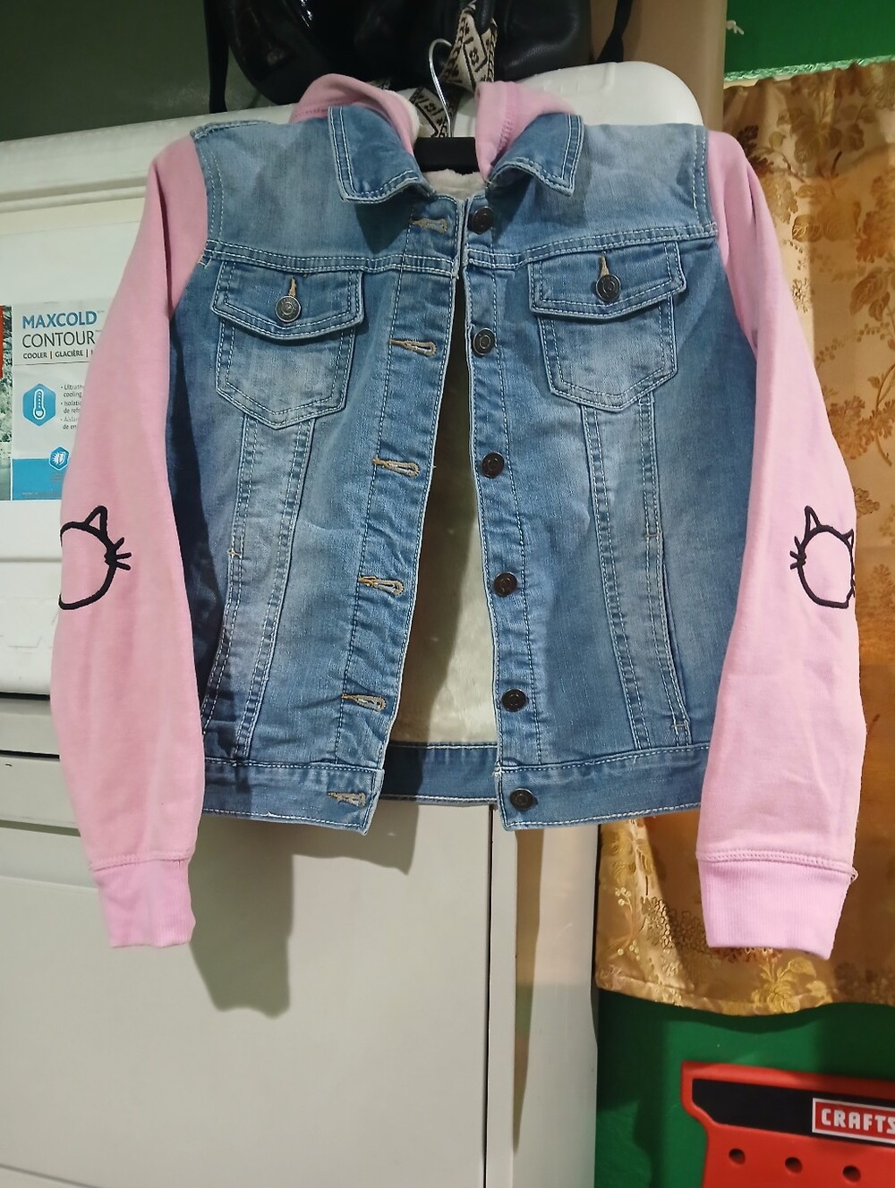 Vigoss Denim Jacket with Pink Hoodie Sleeves and Cat Elbow Prints